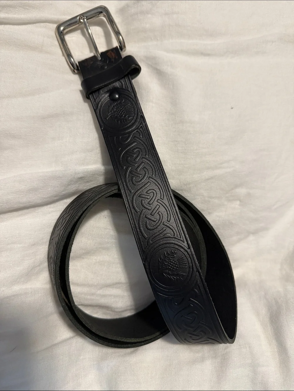 Black Embossed Leather Men's Belt with Celtic Detailing